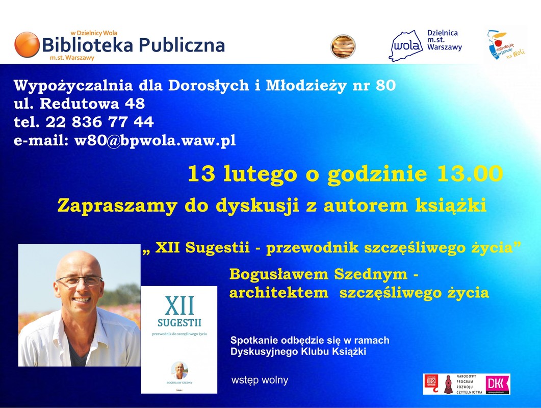 Spotkanie autorskie , klub dyskusyjny, spotkanie w bibliotece, XII sugestii, Bogusław Szedny